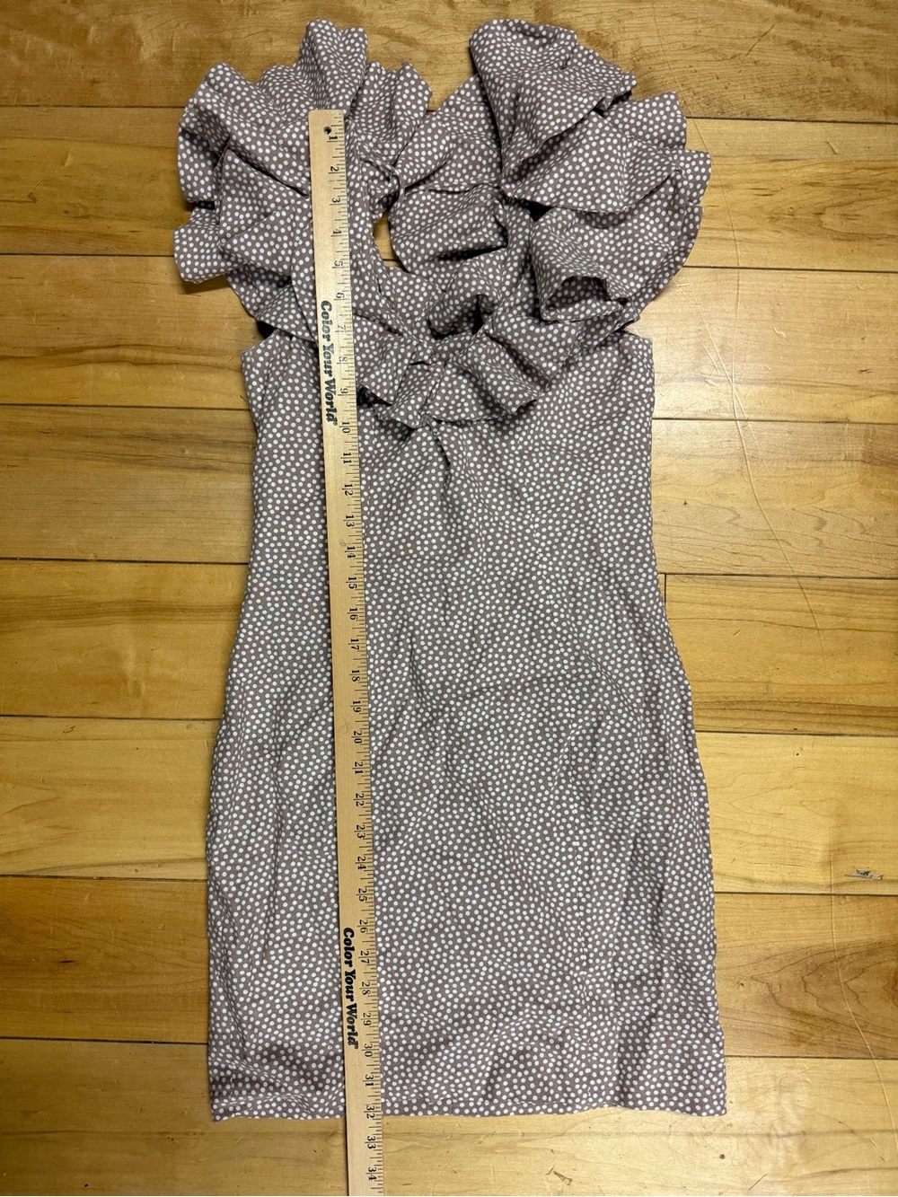 Bardot Polka Dot Linen Blend Ruffle Mini Dress Taupe Cottagecore Size 4 Summer - Picture 12 of 13